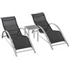 Outsunny Sdraio da Giardino Set 2 Lettino Prendisole con Tavolino con Vetro, Lettini Prendisole con Tessuto Traspirante 59x169x66cm, Nero|Aosom