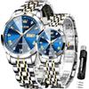 OLEVS Coppia di orologi al quarzo per coppie, con calendario luminoso, datario, 3 ATM, impermeabili, casual, in acciaio inox, per uomini e donne, amanti del matrimonio, regali romantici, set di 2, Oro