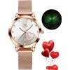 OLEVS Orologio da donna al quarzo giapponese, oro rosa, cinturino a rete in acciaio inox con diamanti di lusso, impermeabile e luminoso, bianco, Bracciale