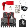 Fartoni Costume Pirata Bambino O Costume Pirata Bambina. Accessori Bandana Pirata + Uncino + Patch Pirata+ Gilet Pirata+ Orecchino + Tatuaggi. Costume per bambini, carnevale, Natale, Halloween o compleanno.