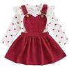 Loalirando 2Pezzi Tuta Invernale Completo Bambina Elegante Top Stampa Cuore Maglietta con Volant Maniche Lunghe+Gonna con Bretelle Bambina per Natale Casual (Rosso, 12-18 Months)