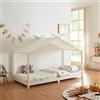 [en.casa] Letto per Cameretta a Forma di Casetta con Tettuccio in Tessuto Zona di Riposo 90x200 cm Letto Singolo per Bambini Struttura in Legno di Pino - Bianco
