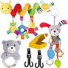 Megaser 4 PCS Giochi Passeggino Neonati, Spirale Passeggino Neonato + Appeso Gioco Passeggino Neonato + Sonaglio Morbido di Peluche + 2 Ganci per Passeggino (Pack 4 Prodotti)