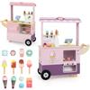 HOMASIS Carrello Gelati Bambini in Legno con 15 Accessori, 6 Gelati Giocattolo, Gelatiera, Distributore Automatico, Cassa e Scanner, Gelateria con Ruote per Bambini dai 3+ Anni (Rosa)