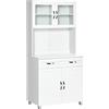 HOMCOM Credenza Cucina Alta con 2 Armadietti, Piano Portamicroonde e Cassetto, Mobile Dispensa con Ante in Vetro e Mensole Regolabili, per Soggiorno, Sala da Pranzo e Cucina, 80x48x170 cm, Bianco