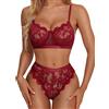Aranmei Sexy Lingerie Set Babydoll in Pizzo 2 Pezzi Set Reggiseno e Slip per Donna Set Bralette con Ferretto in Pizzo Vino Rosso Large