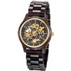 Alienwork Orologio Automatico Uomo Nero Bracciale in Legno Oro Scheletro Legno Naturale