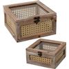 DRW Set di 2 scatole in legno e vimini con coperchio in vetro naturale 25x25x14 cm