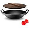 NutriChef Padella in Ghisa Pre-Stagionata da 5,5 Litri - Wok Antiaderente con Coperchio in Legno, per Piano Cottura Elettrico, Nero