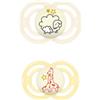 MAM Perfect Night Confezione Doppia Succhietto 16+ Mesi (Set da 2), Ciuccio MAM 16 36 mesi silicone che si illumina al buio, 2 accessori neonato per lo sviluppo orale con porta ciuccio, Giallo/Neutro