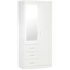 HOMCOM Armadio Moderno Guardaroba 2 Ante con Specchio e 3 Cassetti, Mensole Regolabili e Barra Appendiabiti, 80x50x180cm, Bianco