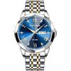 PINDOWS Orologi uomo diamante business abito analogico al quarzo acciaio inossidabile impermeabile data di luce bicolore lusso casual orologio da polso, Quadrante blu cinturino argento