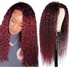 Hxxcoup 4X1 Lace Wig Human Hair Wig Burgundy Wig Parrucca Donna Capelli Veri Umani Ombre Curly Wave Lace Front Human Hair Wig HD Transparent 150% Density Hair for Woman 16 Inch