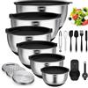 Terlulu Set di 6 ciotole per insalata in acciaio inox, con coperchio ermetico e fondo in silicone, 3 grattugie, impilabili, lavabili in lavastoviglie, 4,7 L3,8 L2,8 L1,9 L1,4 L0,6 L - nero
