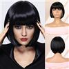 Creamily Parrucca Corta Nera Caschetto Donna, Parrucca Corta Nera Caschetto Frangia Leggera, Capelli Sintetici Donna, Nero Naturale, 25,4 cm, Morbida Tatto, Feste Cosplay, Ragazze, uso Quotidiano