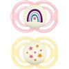 MAM Perfect Night Confezione Doppia Succhietto 6+ Mesi (Set da 2), Ciuccio MAM 6-16 mesi che si illumina al buio, Accessori neonato in silicone per lo sviluppo orale con porta ciuccio, Rosa/Giallo