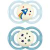MAM Perfect Night Confezione Doppia Succhietto 6+ Mesi (Set da 2), Ciuccio MAM 6-16 mesi che si illumina al buio, Kit da 2 accessori neonato per lo sviluppo orale con porta ciuccio, Azzurro