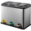 BAKAJI Pattumiera Raccolta Differenziata in Acciaio Inox e Plastica con Scomparti contenitore Bidone Spazzatura Estraibile con Apertura a Pedale per Casa Cucina e Esterno 3 x 15 Lt (45 Litri)