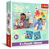 Trefl - Lilo & Stitch, Una Giornata Felice di Lilo&Stitch - 3in1: 2 Puzzle + Memory Game, Puzzle con gli Eroi della Fiaba, 30 e 48 Pezzi, 24 Giochi di Memoria, Gioco per Bambini dai 3 anni