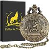 Keller & Weber Orologi da tasca vintage lupo per uomo, orologio da tasca con catena, regali lupo per uomo, regali di San Valentino, regali di compleanno, collane per donne, bronzo