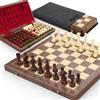 Puecrof Premium 38 cm, set di scacchi magnetici donna e scacchi da donna - 2 in 1 pieghevole in legno con statuette Staunton, 2 extra, pietre da gioco e sacchetto antipolvere (rosso)