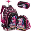 Egchescebo Zaino Trolley Scuola Elementare Crostaceo con Unicorno Bambina Ruote Regoli da Viaggio Carrello Porta per La Bimba Ragazza Seven Media Asilo Bambino Superiori Ragazza Rotelle 17 3pcs Nero