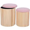 DRW Set di 2 pouf in legno naturale con coperchio imbottito in rosa, 36 x 36 x 44 cm