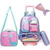 HTgroce Zaino Trolley Scuola Elementare Media Bambina Sirena Zaino Trolley Scuola Ragazza Zainetto Trolley Per Bambina Con sacca Sportiva,Astuccio,Borsa Pranzo