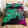 Loussiesd, Set copripiumino con cerniera per letto singolo (2 pezzi), per bambini/ragazzi, a tema motocross, con motociclista su una dirt bike e motivo con esagoni e quadri, nero e verde