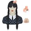 Juziviee Parrucca nera per mercoledì Addams Parrucca da donna con frangia lunga nera con Addams Family Hand forcine per mercoledì Addams costume ragazza parrucca Cap per carnevale Halloween VD121