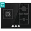 Hisense - GG633B, Piano cottura a gas, 3 fuochi, 60 cm, griglia in ghisa e vetro temperato nero, autoaccensione incorporata nei comandi, sicurezza GasStop, facile pulizia