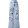 Happy Cherry Jeans Larghi Ragazze Pantaloni Strappati in Denim all Moda Pantaloni Baggy Casual Vita Alta Elastica Vintage Blu Pants con Tasche per Bambina 9-10 Anni