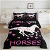 Loussiesd Set di biancheria da letto con motivo floreale e galoppo per cavallo e donne camera da letto rosa Farmhorse piumino piumino, inserto Trapunta a cuore animale/trapunta 230x220cm