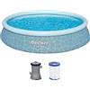 Bestway Fast Set piscina con pompa filtro, Ø 396 x 84 cm, 7,340 litri, materiale TriTech a 3 strati, design a linea grafica, pompa filtro, cartuccia filtro, toppe di riparazione