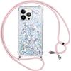 Vauki Cover per iPhone 13 Pro Max con Cordino,Trasparente Glitter Liquido Antiurto Brillantini Tracolla Custodia,Silicone Bumper Laccio Sabbie Donna Protettivo Case per iPhone 13Pro Max,Argento