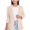 DonDown Cappotto da ragazza blazer, elegante, tinta unita, con risvolto, a maniche lunghe, per bambini, ragazze, cardigan, ufficio, blazer primavera, autunno, business, giacca blazer, beige., 9-10