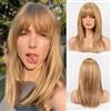 HAIRCUBE Donne Parrucca Parrucche Dritte per le Donne Lunghezza spalla Bionda Parrucca Sintetica con Bangs Cosplay quotidiano