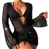 HSAJS Copricostume Donna Mare Vestito da Spiaggia in Rete Trasparente Sexy Costumi da Bagno Lunghe Bikini Cover Up Nero Abito Mini Elegante Estate Copribikini