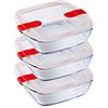 Pyrex Cook and Heat Cook & Heat - Set di tre alimenti quadrati in vetro da 1 l con coperchio ermetico speciale per microonde