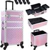 BAKAJI Trolley Make Up 3 in 1 Professionale con Trama Oleografica a Triangolare, Beauty Case Estetista Portatile, Valigia Porta Trucchi con Ruote Staccabili, Valigetta Organizer Makeup Viaggio (Rosa)