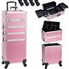 BAKAJI Trolley Make Up 4 in 1 Professionale con Trama Oleografica a Triangolare, Beauty Case Estetista Portatile, Valigia Porta Trucchi con Ruote Staccabili, Valigetta Organizer Makeup Viaggio (Rosa)