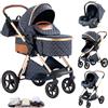 Shineey Passeggino 3 pezzi Carrozzina Ovetto Schienale Regolabile Completamente Reclinabile passeggino 3 in 1Grandi Ruote pneumatici in gomma,passeggino combinato