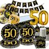 GOLDNICE Piatti Compleanno 50 anni Uomo Donna, Set Piatti e Bicchieri con Palloncino Tovaglia per 50 anni Festa Compleanno, Stoviglie Oro Nero Tovaglioli Striscione, Decorazioni 50 anni Compleanno Addobbi