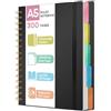 ihaspoko Taccuino A5 con Separatori - Carta 100g/m² Anti-Trasparenza, 300 Pagine, Copertina Rigida in PVC, Rilegatura a Spirale per Scuola, Ufficio e Regali