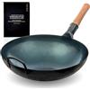 YOSUKATA Wok Padella Professionale 36 cm - Tradizionale Wok Fondo Tondo in Acciaio al Carbonio Precondizionato - Wok Cinese Originale - Pentola Wok Grande - Compatibile con Gas e Fuoco Aperto (Blu)
