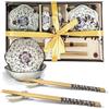 Finsink Set di stoviglie per sushi per 2 persone, 6 ciotole in ceramica, motivo: fiori di prugna, set di servizi, perfetto come regalo per coppie o compleanno