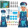 Gemeer 34 Pezzi Set da Cucina per Bambini, Set Cuoco Dinosauro Blu, Compreso Grembiule da Bambina, Cappello da Chef, Guanti, Ideale Regalo di Compleanno e Natale, 8-12 Anni