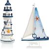 com-four® Set di Decorazioni marittime da 2 Pezzi - Veliero Decorativo in Legno e Faro per un'atmosfera Marittima nella Tua casa (02 Pezzi - Veliero + Faro Blu)