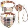KOOLTAIL Set collare e guinzaglio per cani di piccola taglia con papillon e campane, collare e guinzaglio per cuccioli per ragazzi o ragazze con classico motivo scozzese abbinato, guinzaglio in