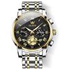 OLEVS Orologio da polso da uomo, due tonalità, in acciaio inox, al quarzo, cronografo con diamanti, fasi lunari, quadrante oro, blu, nero, impermeabile, luminoso